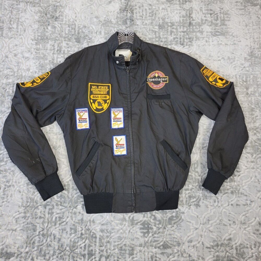 Vintage Copenhagen Tobacco Jacket Men’s Medium Black Bowling Patches K-Brand USA
